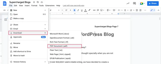 Exporting a Google Doc as a PDF Document