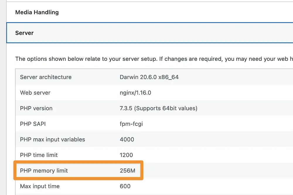 La valeur limite de mémoire PHP dans l'écran Santé du site WordPress.