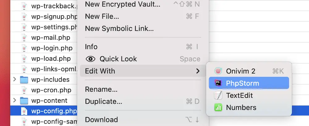 wp-config.php ファイルを編集するための Cyber​​duck 内のオプションで、PhpStorm が強調表示されています。