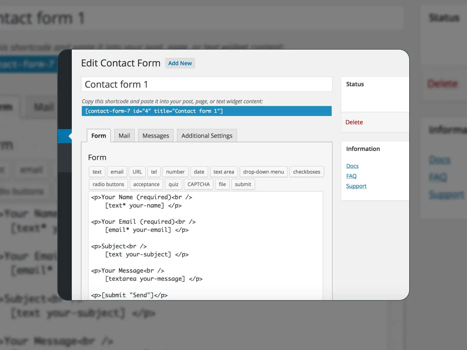 Contact Form 7 WordPress 管理ダッシュボードの画像。