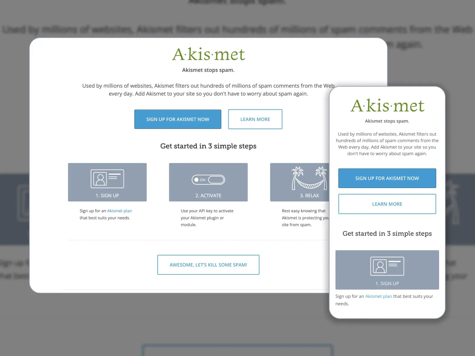 Colagem sobre como começar com o plug-in Akismet Spam Protection.