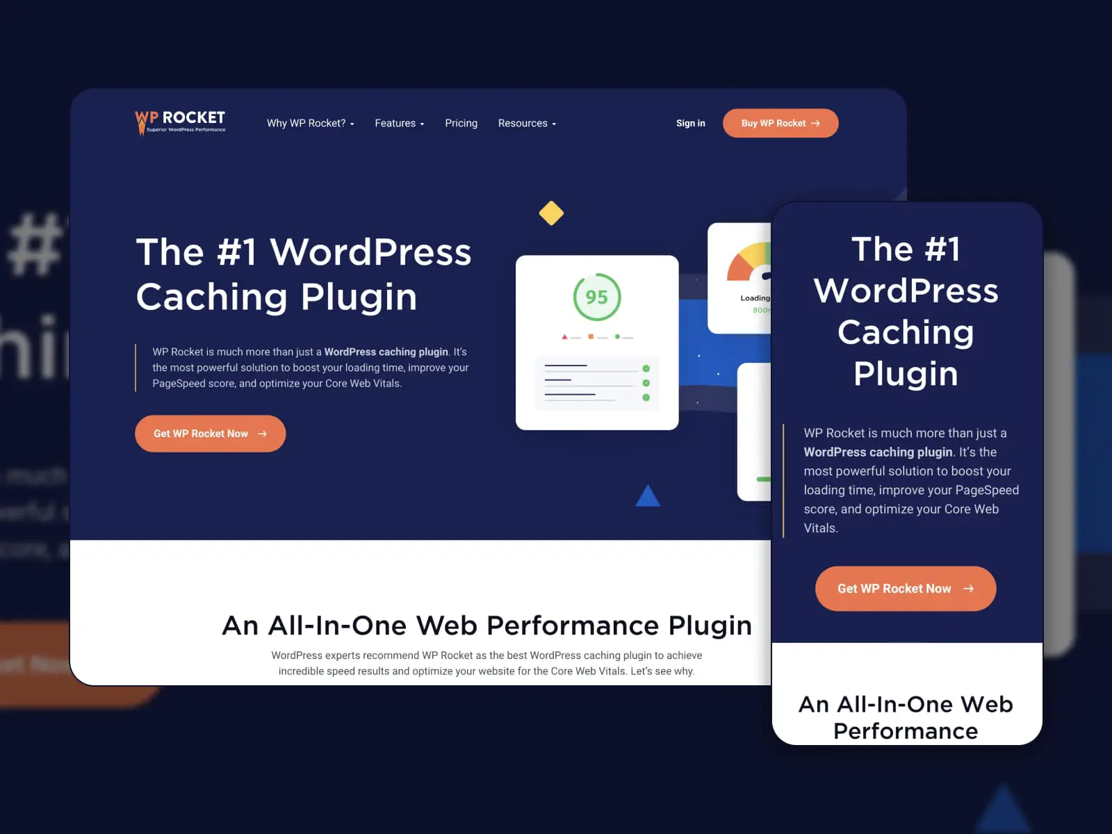 مجمعة لبرنامج WP Rocket WordPress الإضافي باللون الأزرق الداكن.