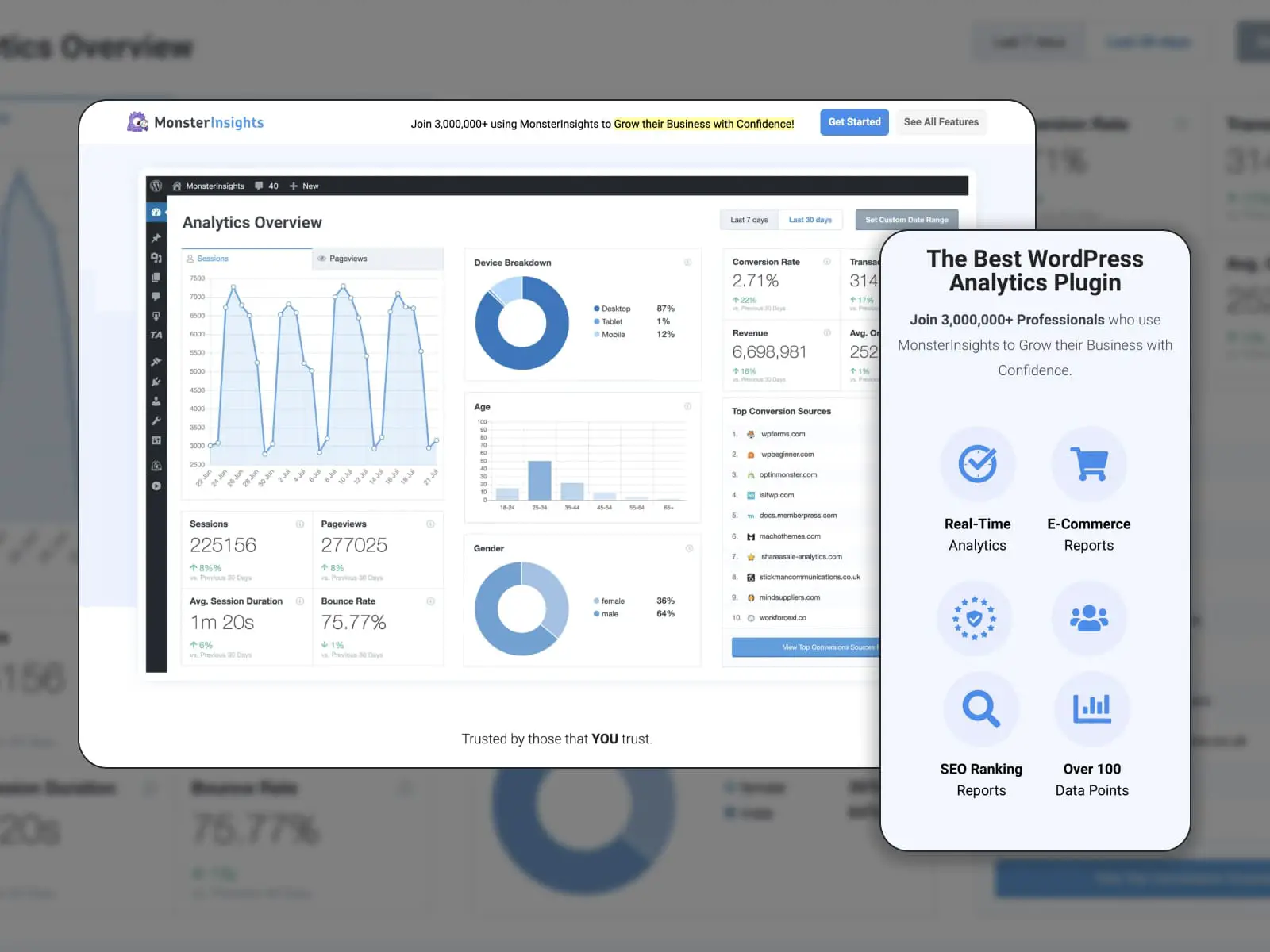 用於博客的 MonsterInsights WordPress 插件的拼貼畫，以白色和藍色製成。