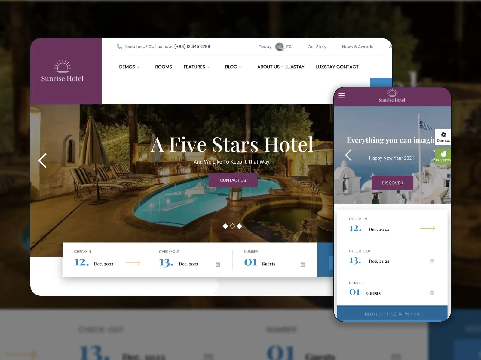 Le plugin de réservation WP Hotel affiché dans le thème.