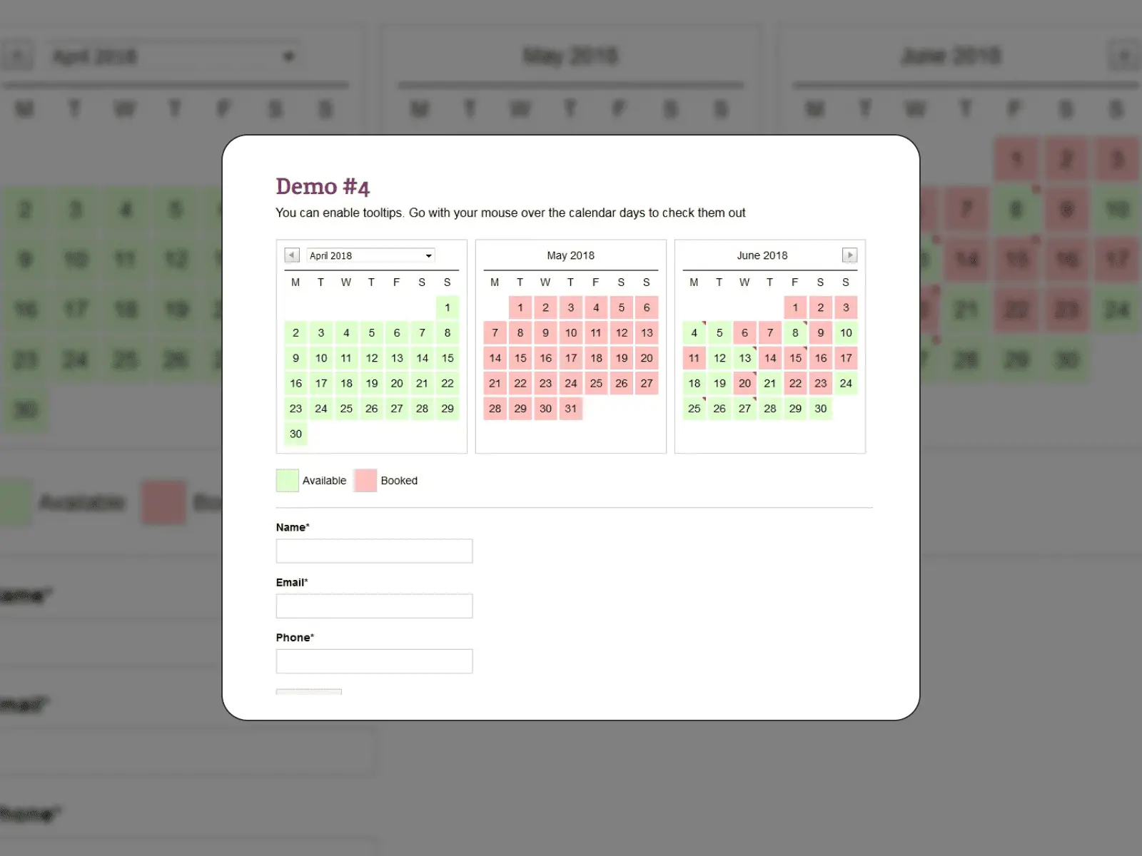 WP Booking システムの無料プラグインに表示される空き状況カレンダー。