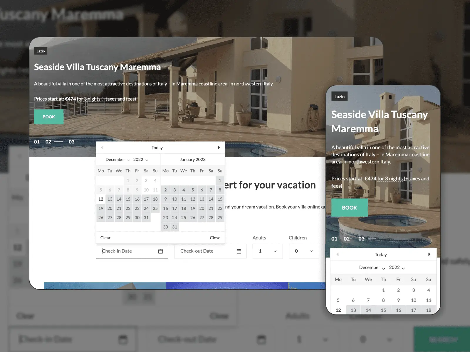 O formulário de pesquisa no plug-in de reserva de hotéis MotoPress.