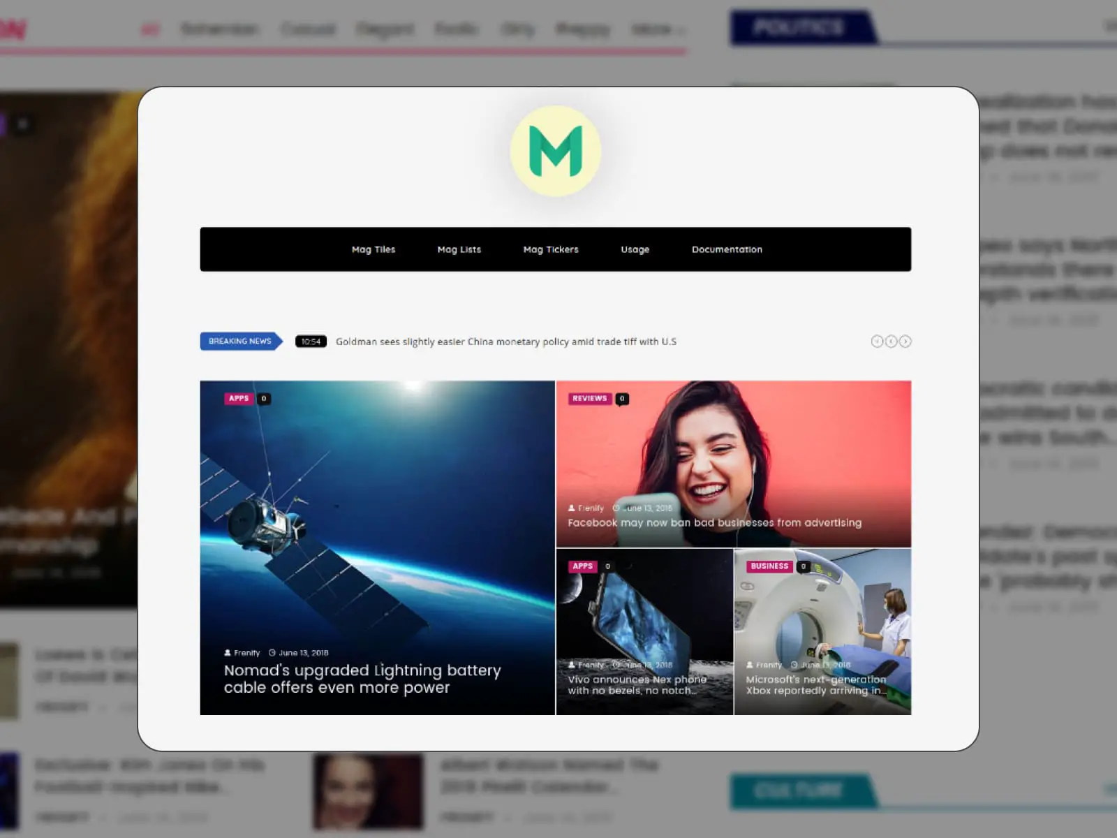 Пример виджета Magazinify для Elementor.