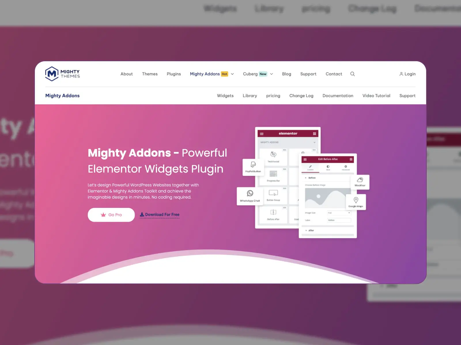 La page de destination Mighty Addons for Elementor.