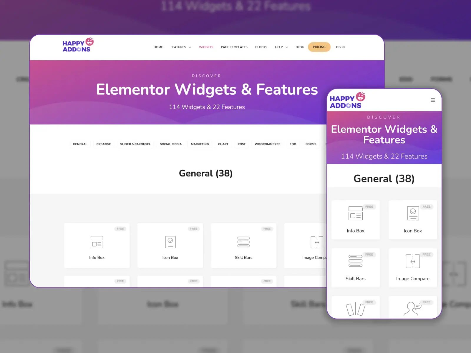 Ejemplos de widgets de Happy Addons para Elementor.