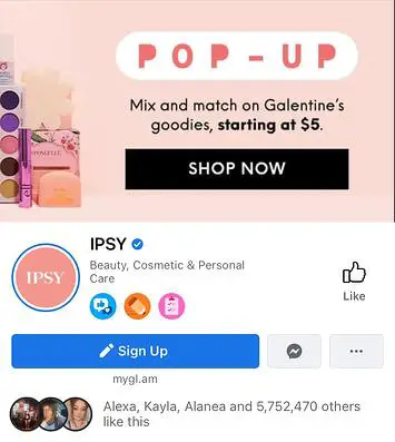 ภาพหน้าจอของปุ่ม CTA ของ Ipsy บน Facebook