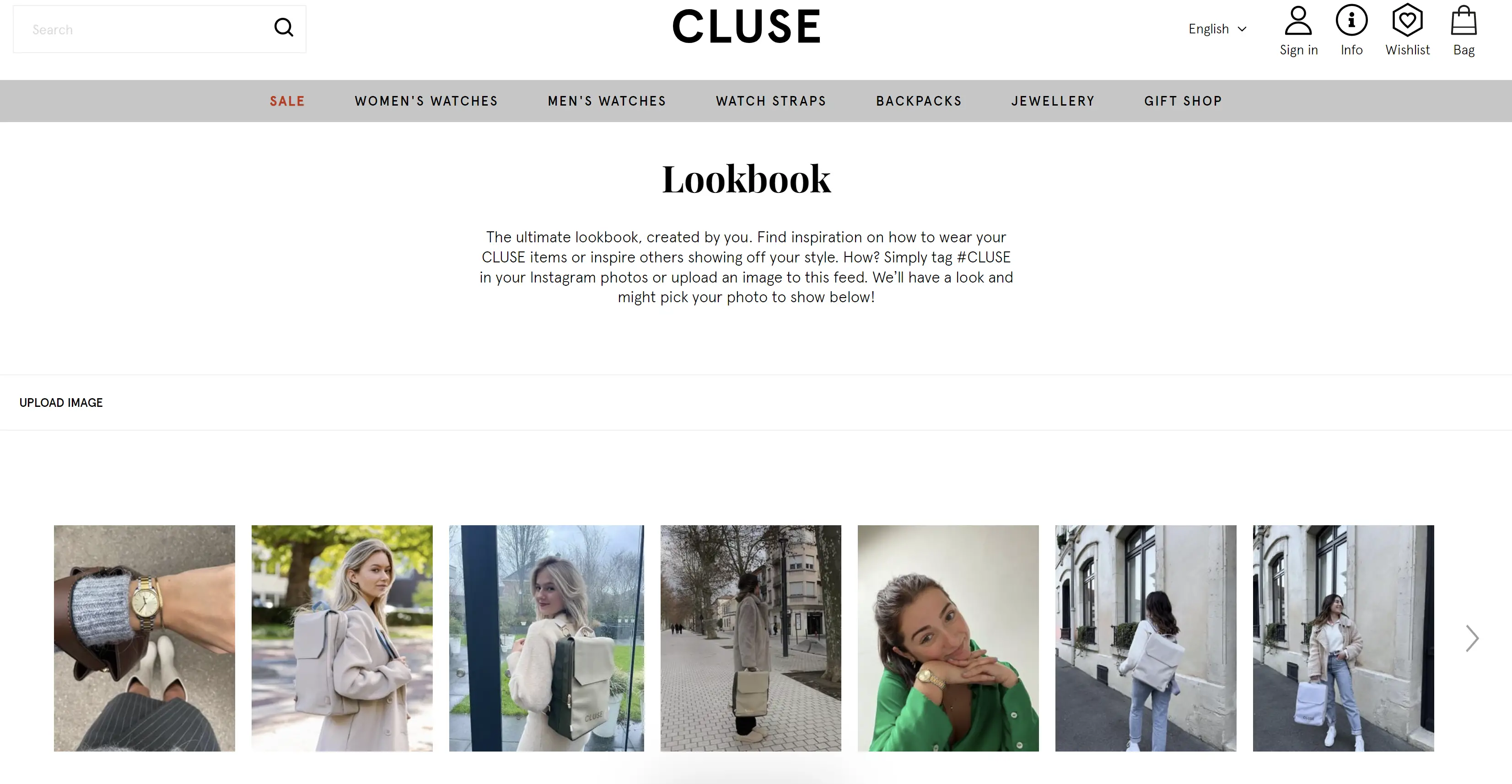 O captură de ecran a paginii de lookbook a lui Cluse de pe site-ul lor web, cu conținut generat de utilizatori.