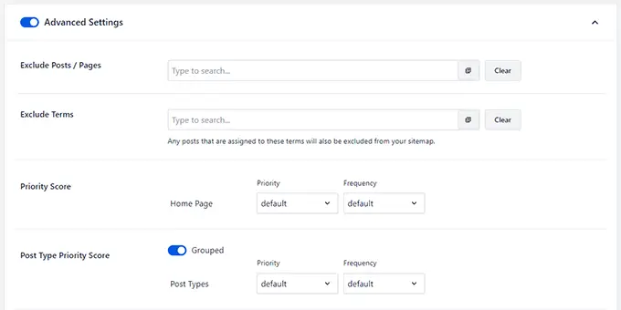 Advanced sitemap settings