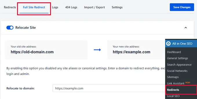 Full site redirect in All in One SEO