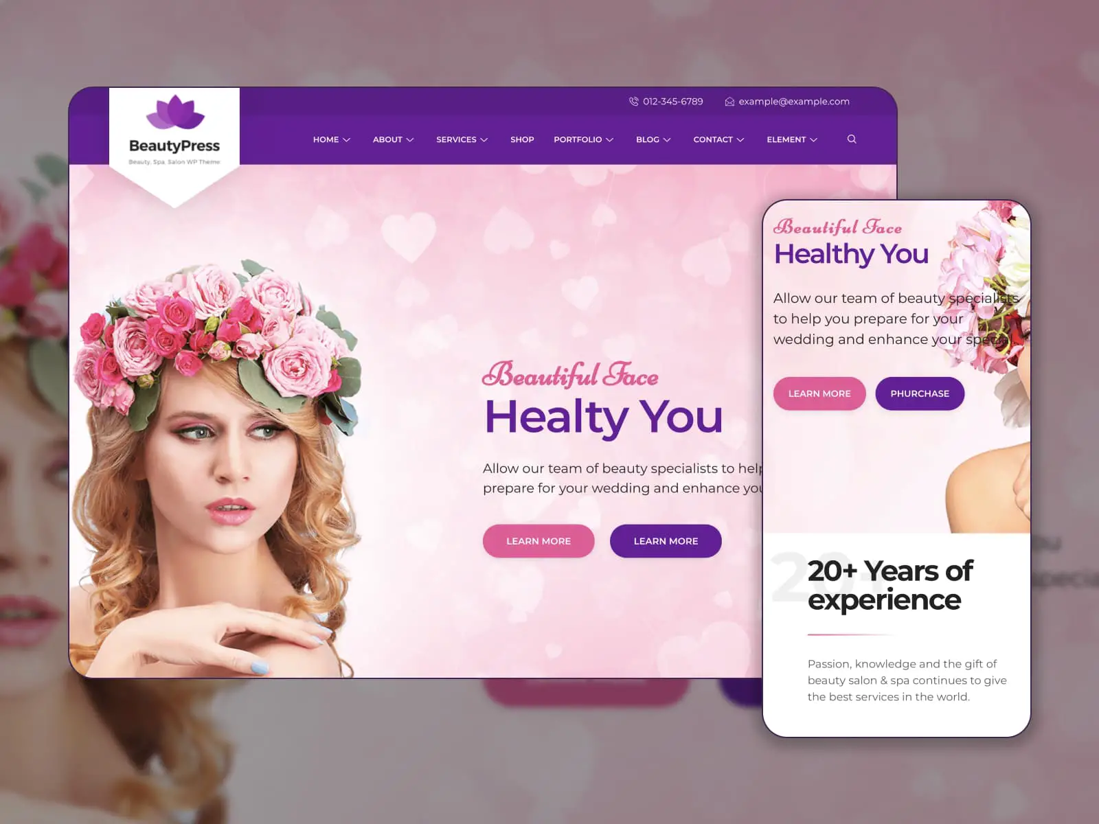 คอลลาจของธีมความงาม BeautyPress WordPress แสดงภาพหญิงสาวที่มีพวงหรีดดอกไม้สีชมพู