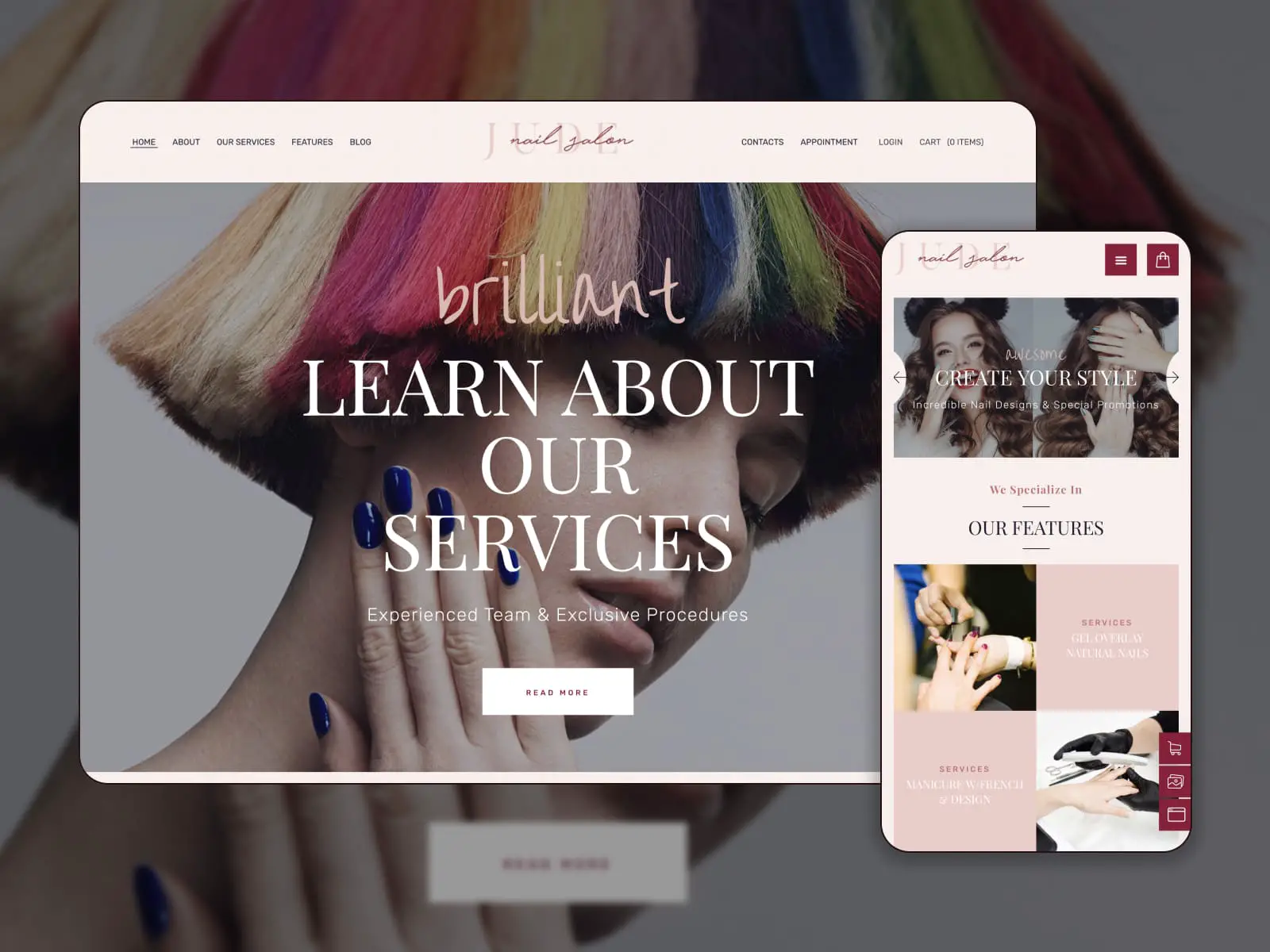 Collage of the Judy beauty website theme demo untuk salon rambut dan kuku.