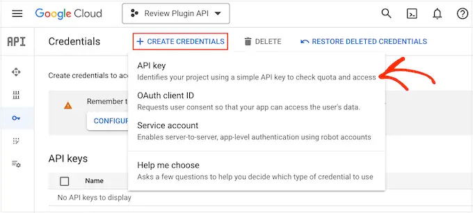 Creating an API key in the Google Cloud Console