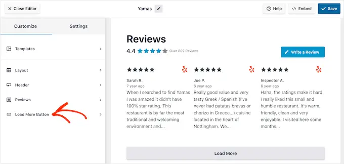 Customizing the 'Load More' button in a WordPress review feed