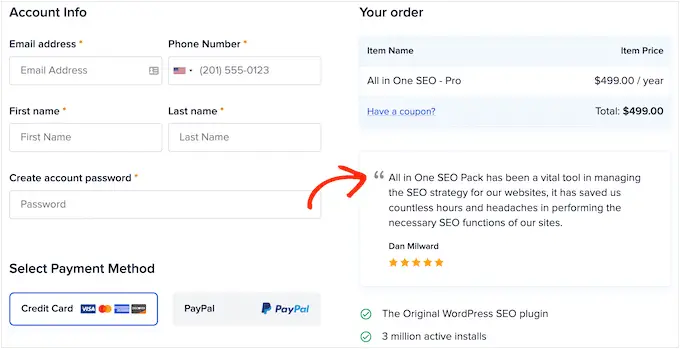 A custom checkout review page, with customer reviews