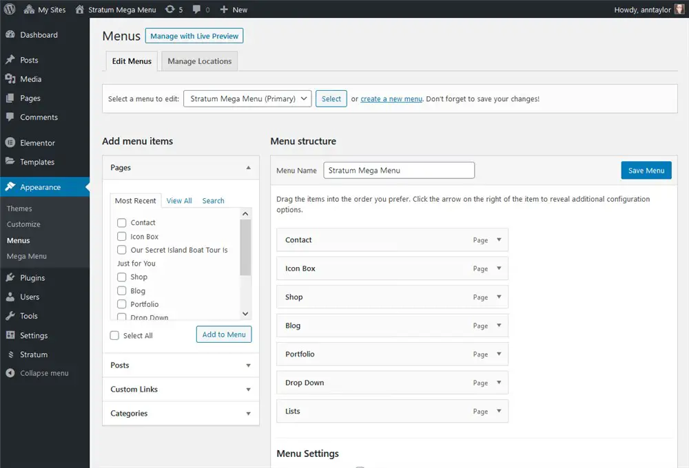 menu padrão do wordpress