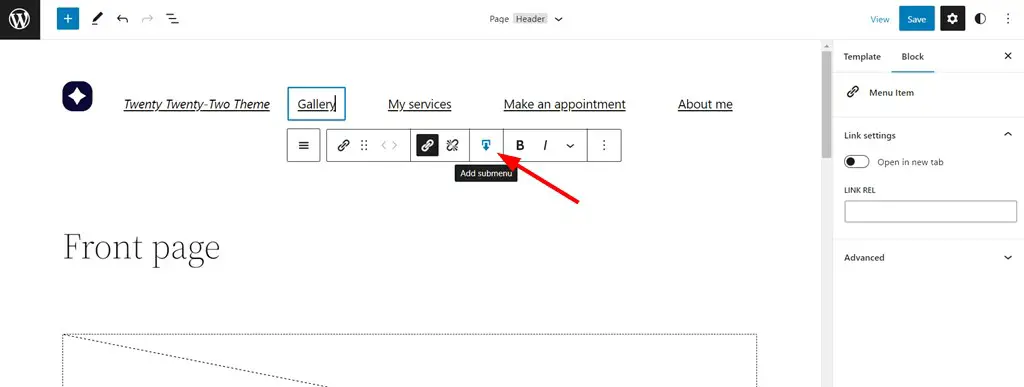 O recurso adicionar submenu no bloco de mega menu do WordPress.