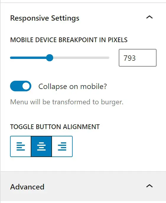 La configuración receptiva del mega bloque de menú.