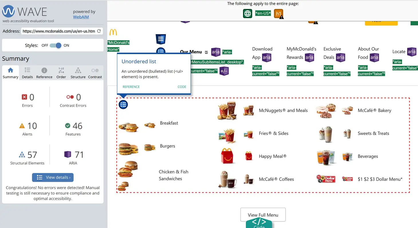 Wave ツールで確認したマクドナルドのサイト。