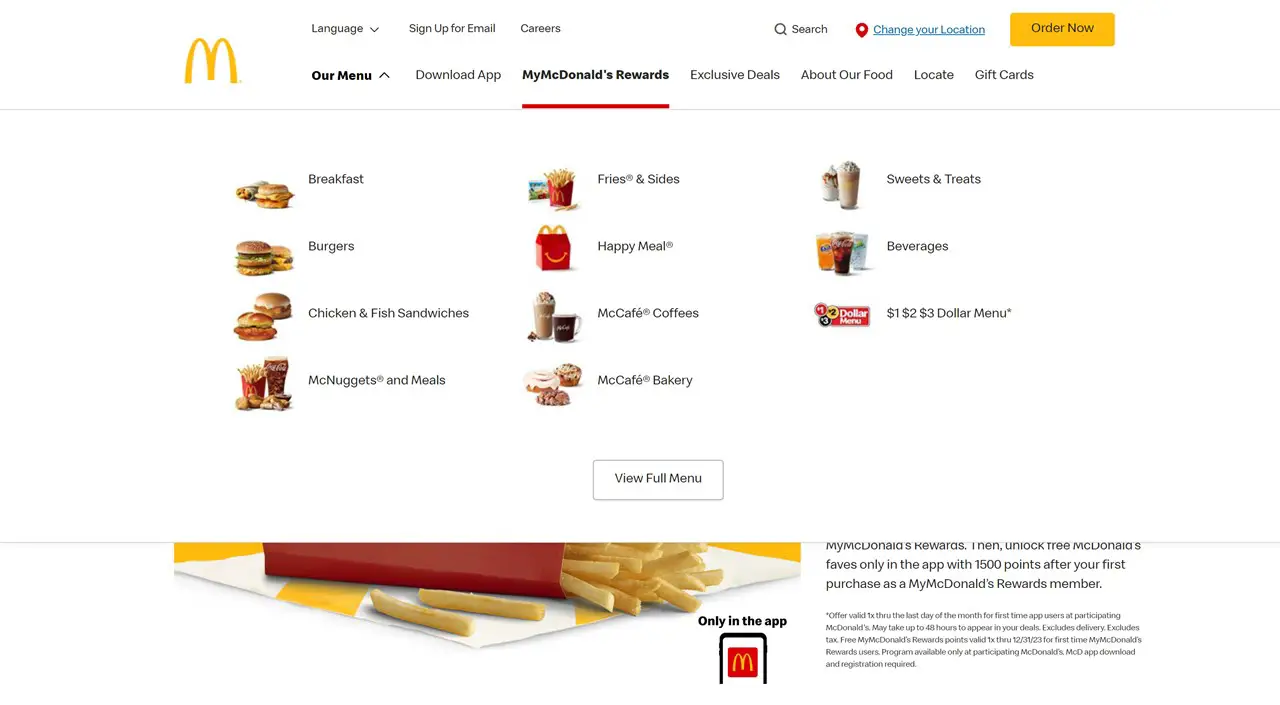 McDonalds web sitesi mega menüsü.