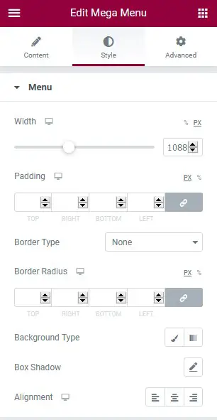 mega menu impostazioni globali