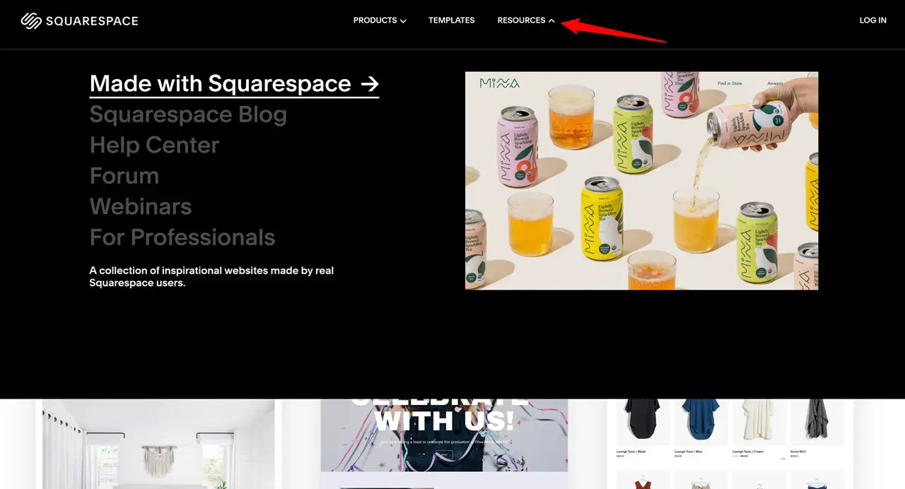 Il mega menu di Squarespace.