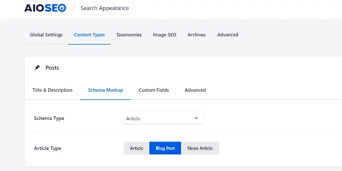 Schema markup settings in AIOSEO