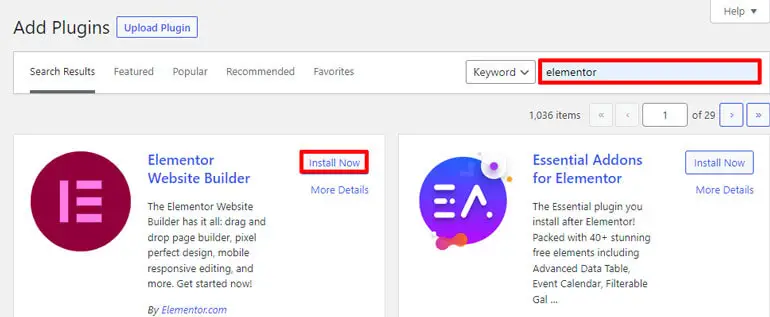 Suchen Sie nach Elementor und installieren Sie es