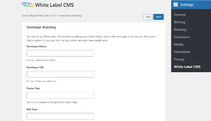 White label CMS setup wizard