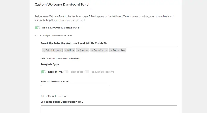 Custom welcome dashboard panel settings