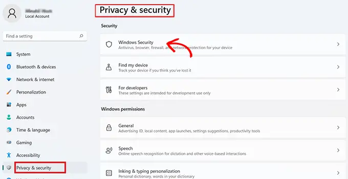 Go to Privacy and Security and select Windows Security