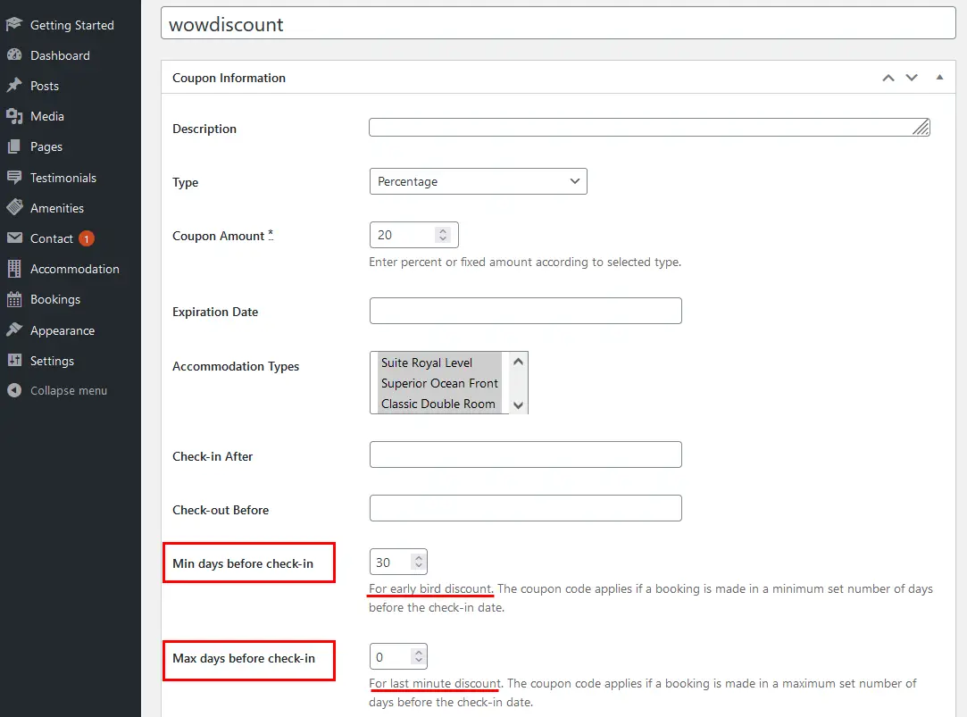 Les paramètres du code de réduction dans Hotel Booking.