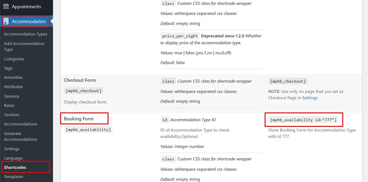 Le menu Shortcodes dans le plugin Hotel Booking.