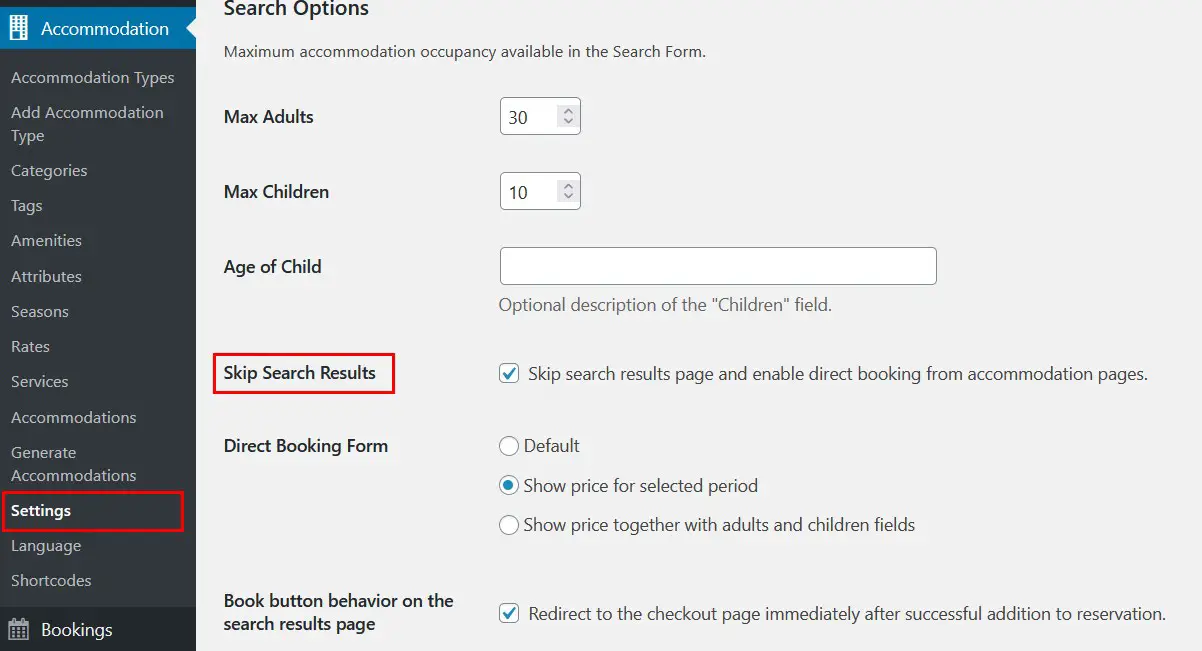 La configuración general del tablero de reservas de hotel.