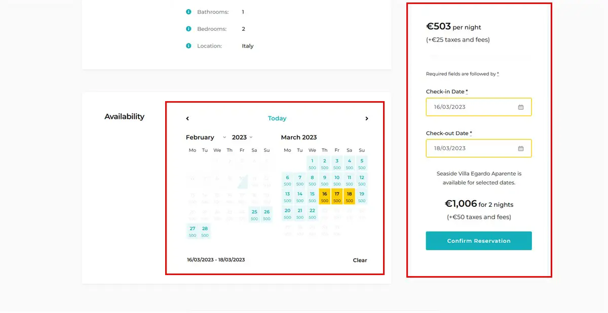 Un calendrier de disponibilité cliquable dans le thème Booklium.