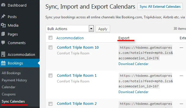 As configurações de administração do plug-in de reserva de hotel WordPress.