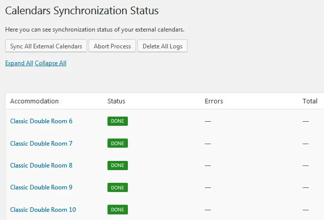 Das Kalender-Synchronisations-Dashboard des WordPress-Plugins für Hotelbuchungen.