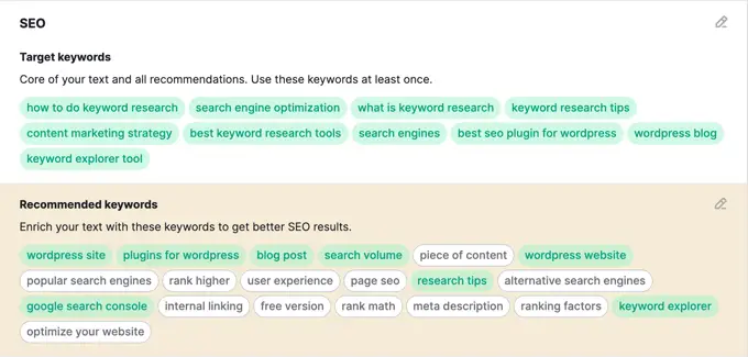 SEO Writing Assistant SEO Keyword Details