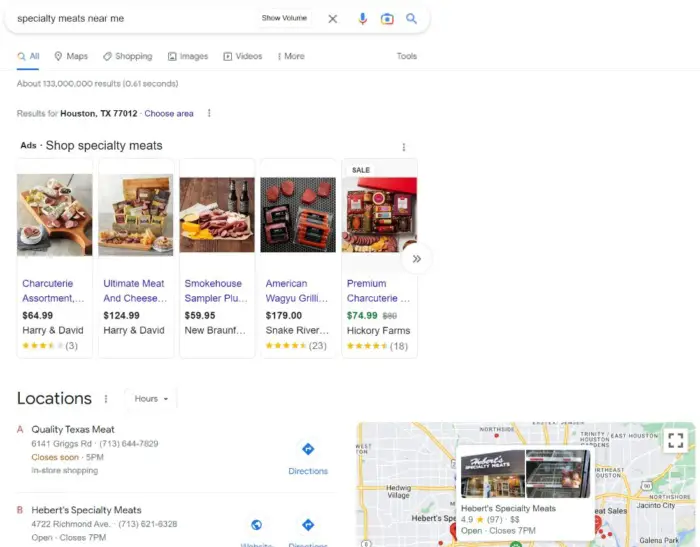 「近くの特製肉」という用語の Google 検索結果。