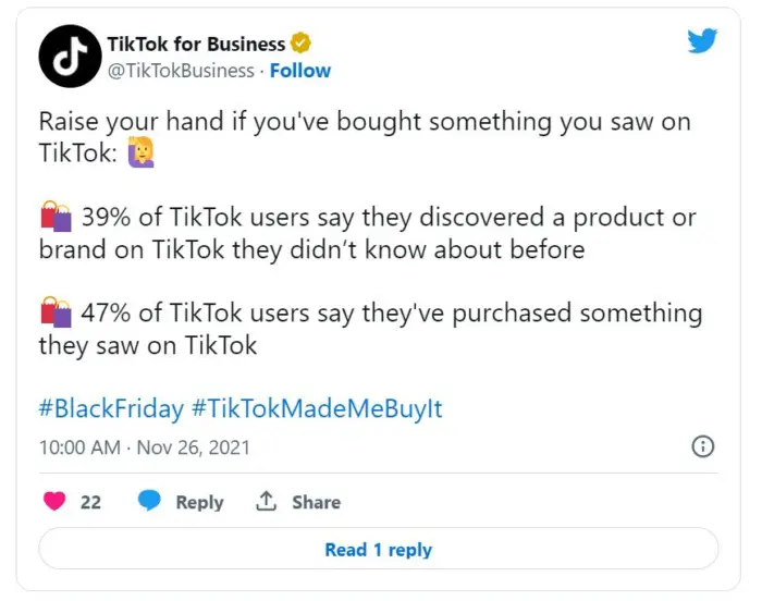 Tik Tok で商品を購入することについての Tik Tok からのツイート。