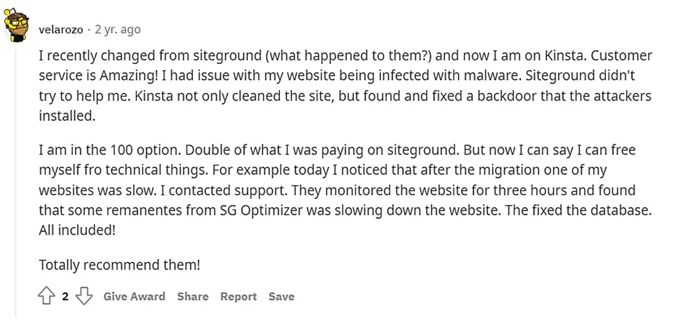 Opinião do Reddit sobre Kinsta