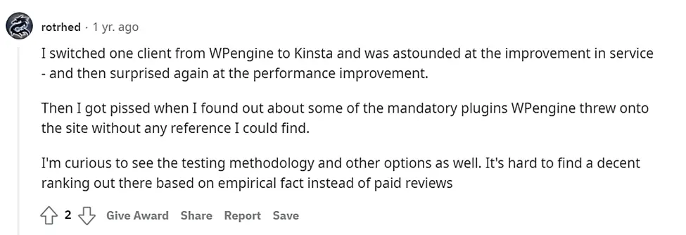 Opinião do Reddit sobre Kinsta