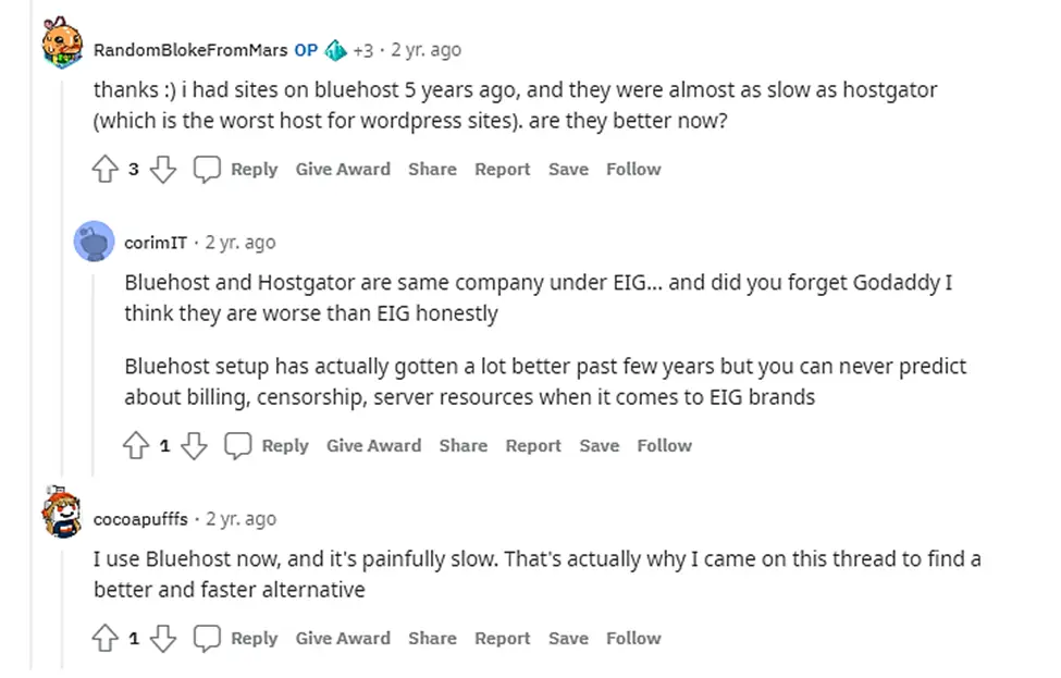Мнение Bluehost от Reddit