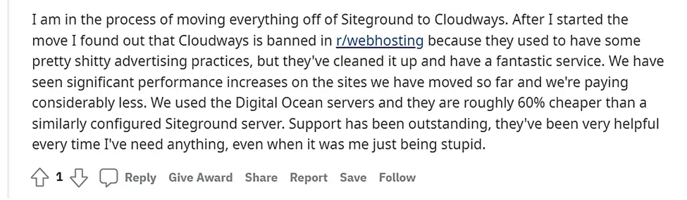 Мнение Cloudways от Reddit