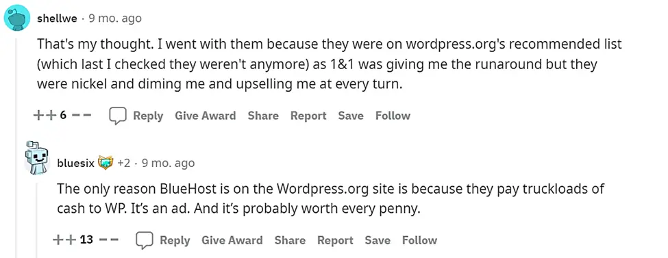 Pendapat Bluehost dari Reddit