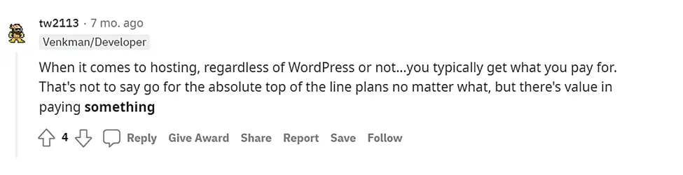 Ogólna opinia z Reddita na temat hostingu WordPress