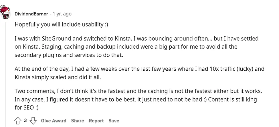 Reddit 對 Kinsta 的看法